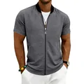Mens casual grey short sleeve zip up bomber jacket with stand collar for summer wear - Dark Gray