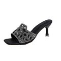Vue détaillée de sandales noires élégantes à talons hauts ornées de strass étincelants - Noir
