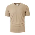 T-shirt da uomo in cotone e lino kaki a maniche corte con girocollo e trama traspirante - Taglia S / Top / Kaki