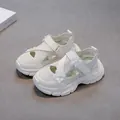 Elegant white mesh sandals for girls featuring soft soles and floral accents with velcro - 26 / Beige