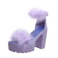 Lavender purple chunky high heel sandals with fluffy faux fur and platform sole - Purple