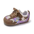 Breathable mesh toddler sports shoes with purple accents and cute floral embroidery - Brown