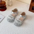 Elegant silver glittery princess shoes for girls with crystal beads and soft soles - Size 23 (Inner Length 14.3cm) / Silver