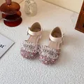 Pink sequined girls princess shoes with crystal floral detail and soft soles - Size 23 (Inner Length 14.3cm) / Pink