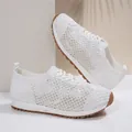 White breathable mesh low-top sneakers for women, casual flat lace-up sports shoes - 36 / White