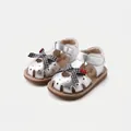 Cute silver baby girl princess sandals with bow and cherry detail, soft sole walking shoes - Size 16 (Inner Length 12.5cm) / Silver (2627)