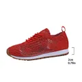 Red breathable lace mesh low-top sneakers with 2cm flat sole for women's casual wear - 36 / Red