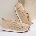 Breathable apricot lace mesh low-top sneakers for women with flat rubber sole - 36 / Khaki