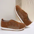Brown breathable mesh sneakers for women with floral lace pattern and white sole - Dark Brown