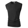Men's solid black breathable mesh splicing tank top with round neck and wide shoulders. - Black