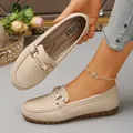 Elegant beige flat loafers for women featuring a metal buckle and rhinestone accents - Apricot