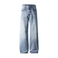 Jean ample à jambe droite bleu clair pour homme avec délavage et design cleanfit - S / Bas / Bleu ciel