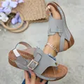 Grey women's wedge thong sandals featuring a sparkling rhinestone square buckle detail - 36 / Gray