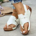 Fashionable white wedge thong sandals with rhinestone square buckle and elastic strap - 36 / White