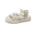 Elegant cream-white girl's princess sandals with bows and pearl decorations - Beige