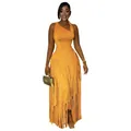 Close-up of elegant one-shoulder fringed maxi dress in vibrant orange color - Yellow