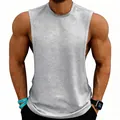 Detailed view of grey gym tank top with deep cut armholes for men's fitness training - Light Gray