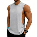 Men's grey bodybuilding gym tank top with deep cut side for summer fitness training. - S / Tops / Light Gray
