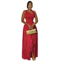 Elegant red one-shoulder maxi evening dress featuring detailed cascading fringe layers for party. - Red