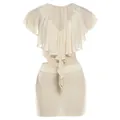 Detail view of an elegant cream two-piece set with V-neck ruffle top and mini skirt. - S / Top And Bottom / Apricot