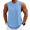 Detail view of men's loose blue fitness tank top for gym and basketball training. - Light Blue
