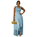 Full length detail of elegant light blue one-shoulder fringe maxi dress for women - Light Blue