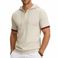 Detail view of men's beige hooded T-shirt with plaid cuffs and textured breathable fabric - Apricot