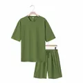 Conjunto casual de camiseta y pantalones cortos de algodón pesado verde oliva - Verde Militar