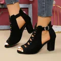 Elegant black suede peep-toe sandals with chunky high heels and back zipper closure - 35 / 800 Black Style