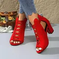 Detail of red suede peep-toe sandals with criss-cross laces and high block heel - 35 / 800 Red Style