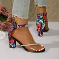 Floral print high heel sandals featuring rhinestone straps and a clear PVC band design - 35 / Peep Toe Chunky Heel Side Cut-out Style / Floral Print (805-3)