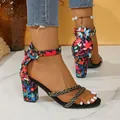 Detailed view of floral print block heel sandals with braided straps and ankle buckle - 35 / Multi-color (805-4) Style