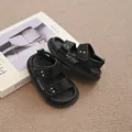 Stylish black children's open-toe leather-style beach sandals with velcro straps - 23 / Black