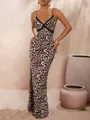 Close-up of elegant leopard print maxi dress with V-neck lace trim detail - S / Dresses / Dark Brown
