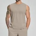 Men's khaki sleeveless performance sports tank top for gym training and tennis - Flaxen