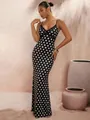 Elegant long black polka dot slip dress featuring a lace-trimmed V-neckline and slender straps - S / Dresses / Black