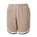 Khaki men's waffle textured sports shorts with white drawstring and striped hem detail - Khaki
