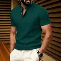 Detail view of men's dark green waffle knit short sleeve Henley shirt with buttons - Dark Green