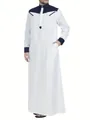 White and navy blue men's traditional Thobe with stand collar and front button detailing - S / Robe / Black