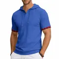 T-shirt bleu à capuche pour homme avec texture gaufrée et poignets à carreaux - Bleu saphir