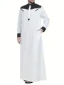 Men's loose white long-sleeved Thobe robe with black contrast stand collar and cuffs - S / Robe / Black