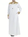 Men's white long robe with khaki patchwork collar and cuffs, stand collar loose fit thobe. - S / Robe / Khaki
