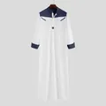 Loose men's white long robe jubba with navy blue patchwork stand collar and cuffs - S / Robe / Navy Blue