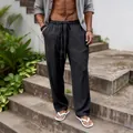Close-up of breathable charcoal cotton linen men's loose casual straight trousers. - S / Bottom (16CK-02) / Black