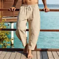 Herren Sommer Leinen Baumwolle Haremshose Patchwork Design Beige mit Kordelzug. - S / Unterteile / Khaki