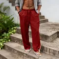 Men's loose red linen cotton pants for summer casual beach wear with drawstring waist - Burgundy