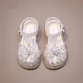 Elegant girls' white princess sandals featuring crystal butterfly bows and shimmering rhinestones - 23 / Beige