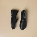 Casual black soft leather loafers with hollow-out floral patterns for women - 35 / Black