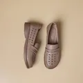 Elegant brown soft leather hollow-out loafers for women with a comfortable flat sole - 35 / Dusty Pink