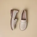Comfortable beige hollow-out leather loafers with soft flat soles for women and moms - 35 / Beige